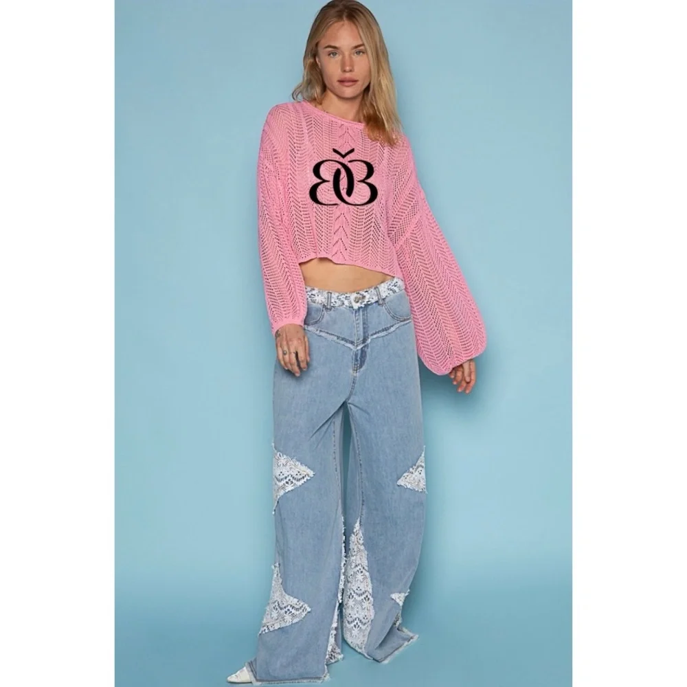 POL Vintage Washed Crochet Patched Straight Wide Leg Slouch Jeans - Picture 10 of 16